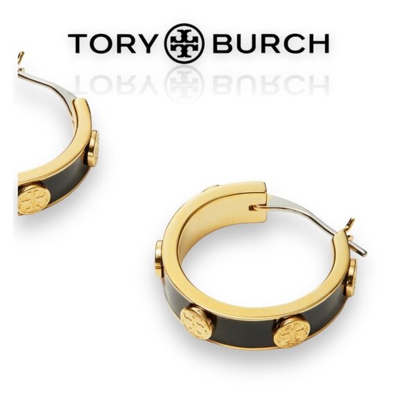 💎 TORY BURCH GOLD BLACK ENAMEL AND GOLD MILLER HOOPS - Picture 2 of 3